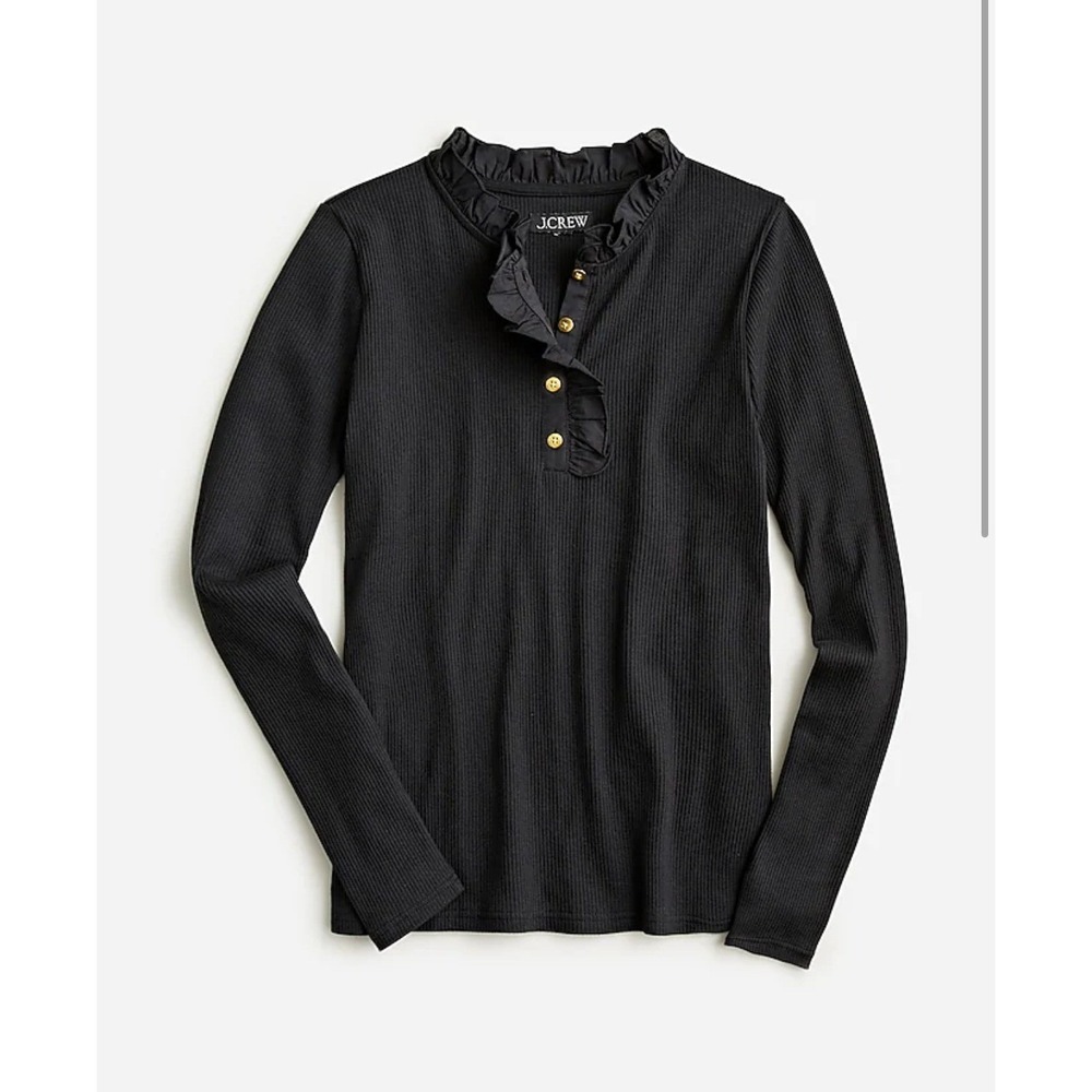 J.Crew Striped Ribbed Ruffle‎ Neck Long Sleeve Henley Top XS